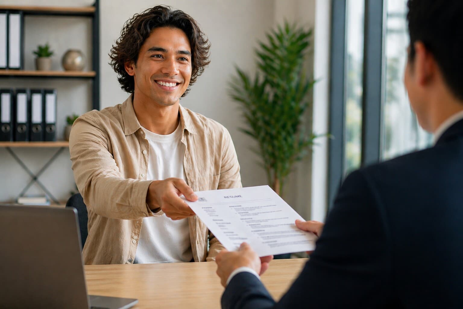 Job seeker handing an Australian resume to a recruiter
